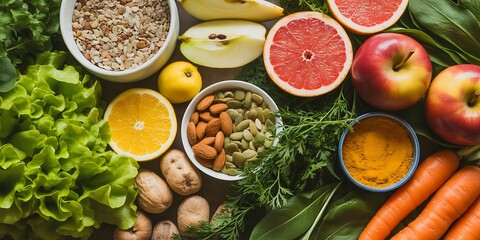 Healthy food selection on a table top down view, fresh ingredients
