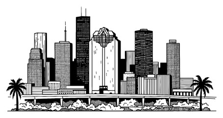 Naklejka premium Houston Texas City Skyline with Palm Tree Overpass Black and White Outline Line Art Drawing