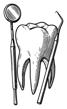 tooth, dental tools, black and white clip art preview