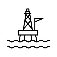 Minimalist black outline vector icon of an offshore drilling rig, symbolizing oil extraction, energy industry, and marine engineering, isolated on a transparent background