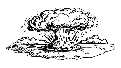 Vector sketch illustration of a mushroom cloud explosion, symbolizing nuclear blast, and destruction. Isolated on a transparent background
