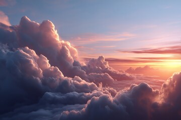 Amazing clouds in the sky at sunset. Beautiful cloudscape with warm colors. Heavenly peaceful abstract nature background.