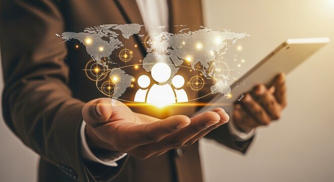 Global Business Networking Concept: Man Holding a Digital World Map in His Hand with Tablet