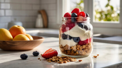 A clear jar displays layers of creamy yogurt, crunchy granola, and a colorful assortment of fresh berries and fruits, set on a sunlit kitchen counter. The background hints at a cozy indoor space