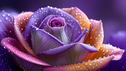  Macro close-up of a delicate rose with petals in gradient shades of purple and orange 