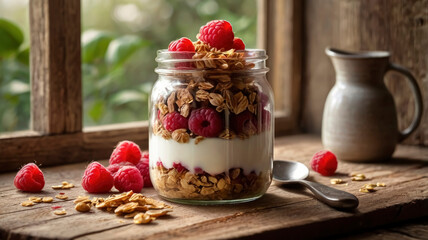 A colorful parfait is displayed in a clear jar, showcasing layers of creamy yogurt, crunchy granola, fresh berries, and nuts. The setting is cozy, with natural light from a window