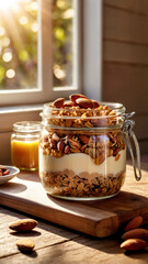 Granola parfait jar is layered with yogurt, honey, and nuts, creating a sweet and healthy dessert. Sunlight shines through the window, enhancing the inviting atmosphere