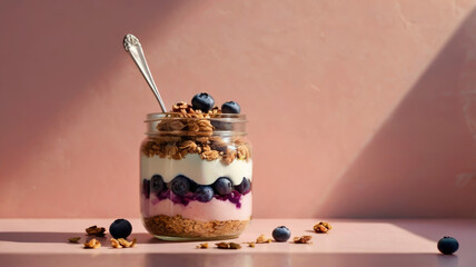 This vibrant granola parfait jar showcases layers of Greek yogurt, fresh blueberries, and crunchy granola topped with a drizzle of honey. Perfect for a healthy breakfast