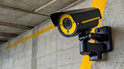This surveillance camera is mounted on a concrete wall, focusing on an outdoor area. The device is designed for tracking activities and enhancing security in the vicinity