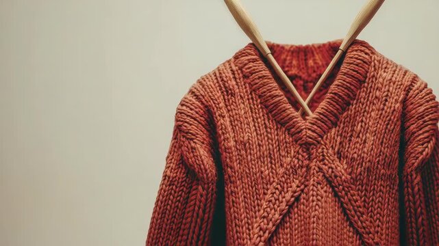 Knitted red sweater with crossed knitting needles, beige background