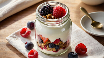A granola jar filled with layers of Greek yogurt and an assortment of fresh berries sits centrally on a wooden surface. This colorful and nutritious breakfast emphasizes health