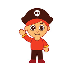 Obraz premium Smiling pirate boy greeting happily in a joyful animated pose Vector illustration