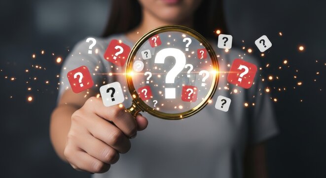 Woman using magnifying glass to find answers among floating question marks, search concept