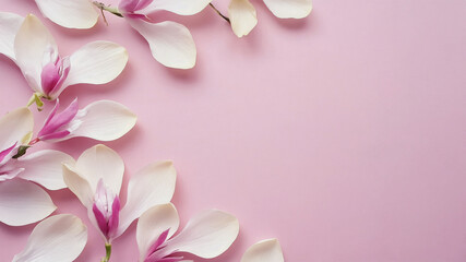 Abstract arrangement of magnolia petals in a spiral over pastel background, minimal clean botanical design