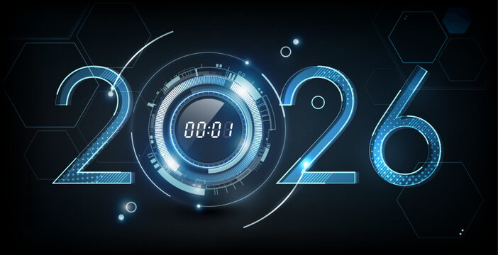 Happy New Year 2026 celebration with abstract digital clock on futuristic technology background, countdown concept, Can adjust digital number, vector illustration
