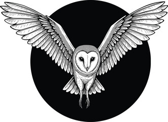 Majestic barn owl soaring with wings spread wide in a monochromatic design, symbolizing wisdom and freedom