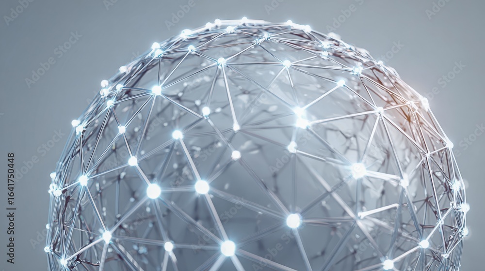 Poster global network sphere with connected dots: modern technology and communication concept, abstract 3d 