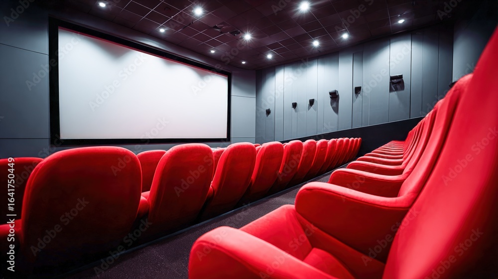 Poster empty movie theater with red seats and blank screen displaying entertainment options and cinematic e