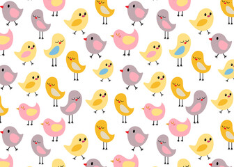 Seamless pattern with cheerful and colorful spring birds in vibrant colors – perfect for seasonal decorations, greeting cards, textiles, and spring marketing projects.