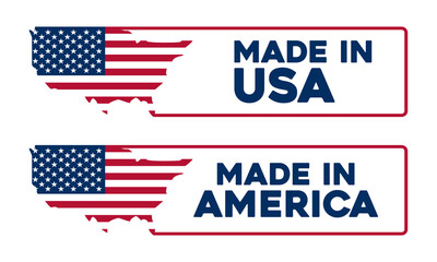 Made in usa and made in america labels with the american flag and country outline, isolated on transparent background