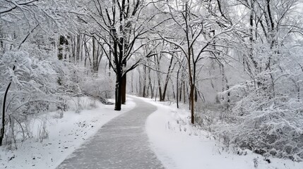 Scenic winter landscape with snow-covered trees in a frosty forest, an icy road winding through nature, creating a beautiful outdoor December fairy-tale scene