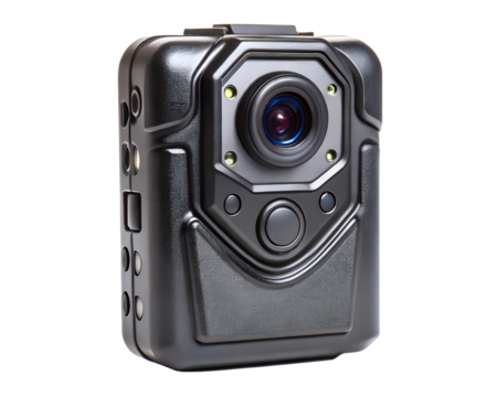 Black body worn camera for law enforcement isolated on transparent background