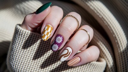 Emerald and Mustard Autumn French Tip Nail Art with Floral Daisies: for nail studio inspiration
