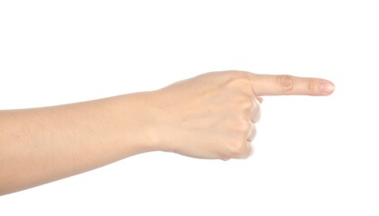 Human Hand Pointing with Index Finger Extended on White Background