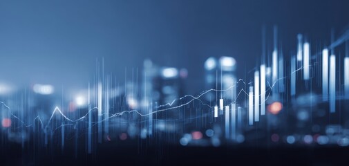 The financial chart illustrates market trends in a modern urban setting.