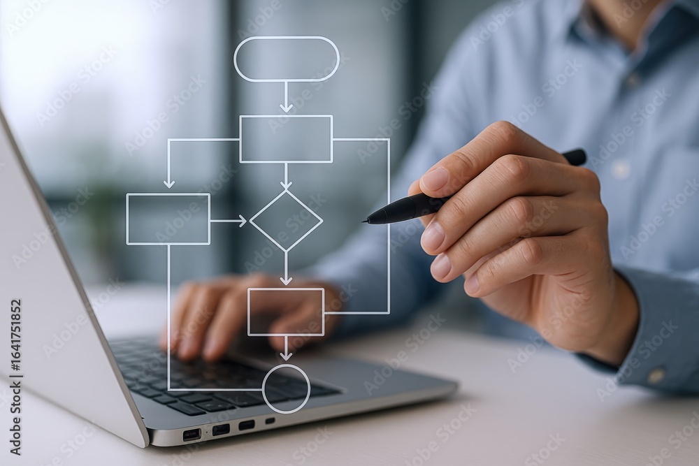 Aufkleber business process automation concept: man using laptop with virtual flowchart for optimization