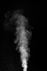Dense white smoke or steam rising upwards on black background in dramatic style. Swirling, writhing smoke to overlay on your photos. Halloween design. mystery or pollution concept