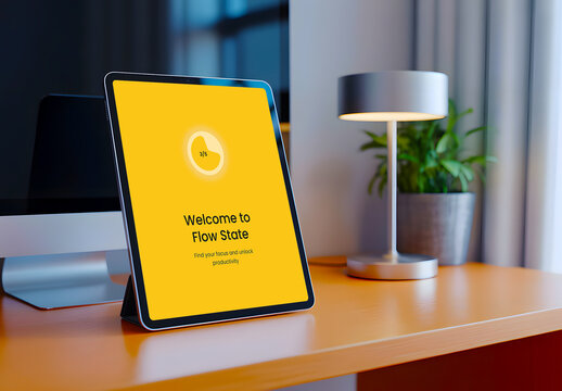 Vertical Tablet Mockup on a Desk in a Modern Workspace