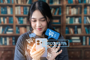 The concept of Asian women who like to shop online