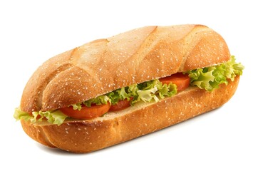 A long baguette-style submarine sandwich filled with fresh lettuce and tomatoes