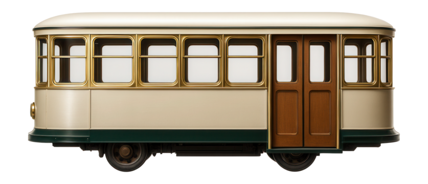 Historic tram with brass window frames and sliding doors