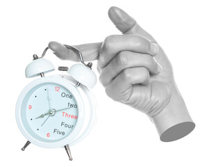 Woman hand holds alarm clock, isolated on transparent background, office and household items...