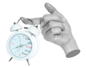 Woman hand holds alarm clock, isolated on transparent background, office and household items concept. Contemporary art