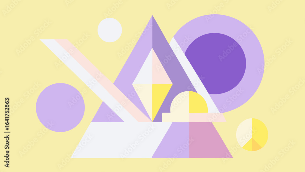 Poster abstract geometric composition with triangles circles and lines in pastel colors on yellow backgroun
