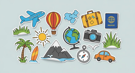 Collection of travel and vacation themed sticker illustrations.