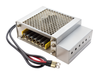 Electronic device with multiple connectors and heatsink isolated on transparent background