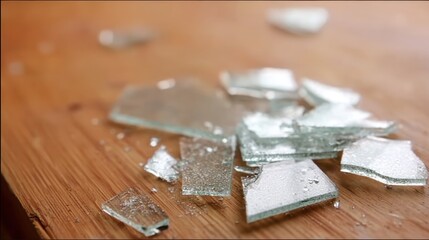 Macro photography of recycled green glass fragments on wooden surface, ideal for eco themes, texture designs, or sustainability campaigns.