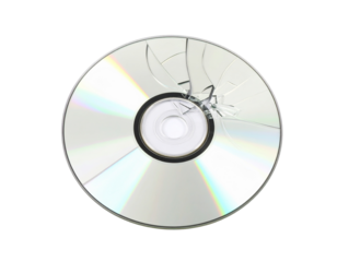 A damaged DVD disc, isolated on a white background, symbolizing broken technology, data loss, or junk.