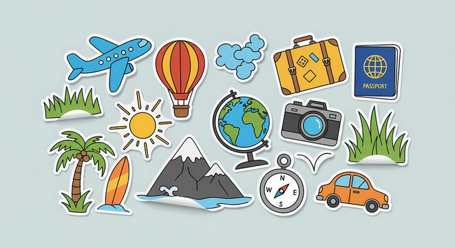 Collection of travel and vacation themed sticker illustrations.