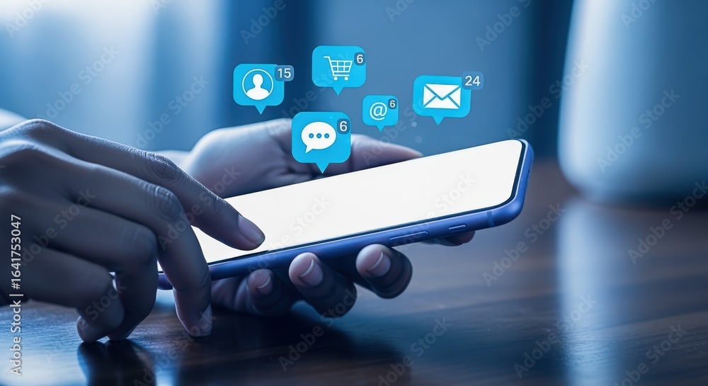 Poster hands using smartphone with app notifications, digital communication and social media marketing conc