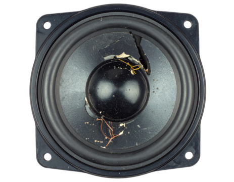 A damaged black speaker, isolated on a white background, symbolizing themes of broken electronics, sound issues, or junk.