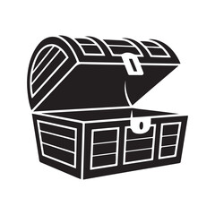 Wooden treasure chest silhouette vector, Treasure chest flat vector illustration, Wooden treasure icon. Vector black silhouette. with white background.