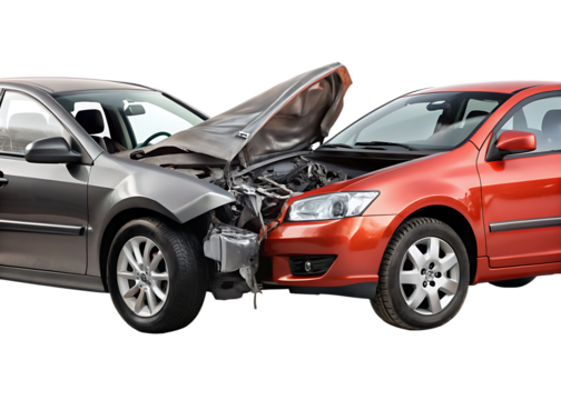 two cars accident violently facing each other isolated on  white background PNG ,AI GENERATED 