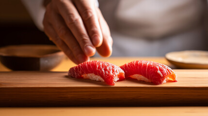 寿司職人がマグロの握り寿司を置いた瞬間