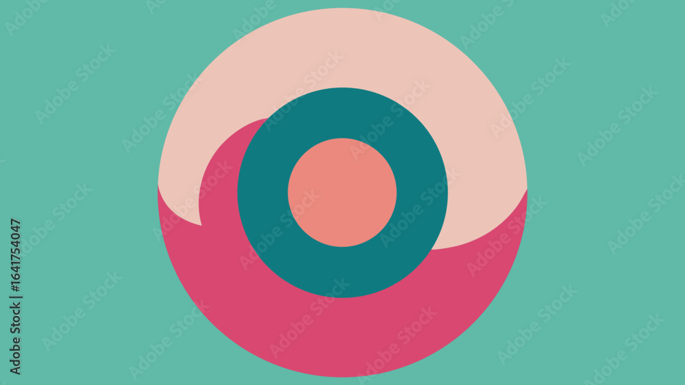 Poster concentric circles and arcs in pastel and teal colors on teal background abstract pattern