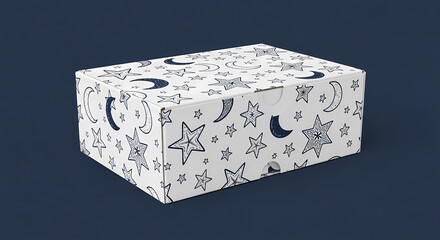 Cardboard box with a whimsical blue celestial pattern of stars and moons, isolated on a dark background.